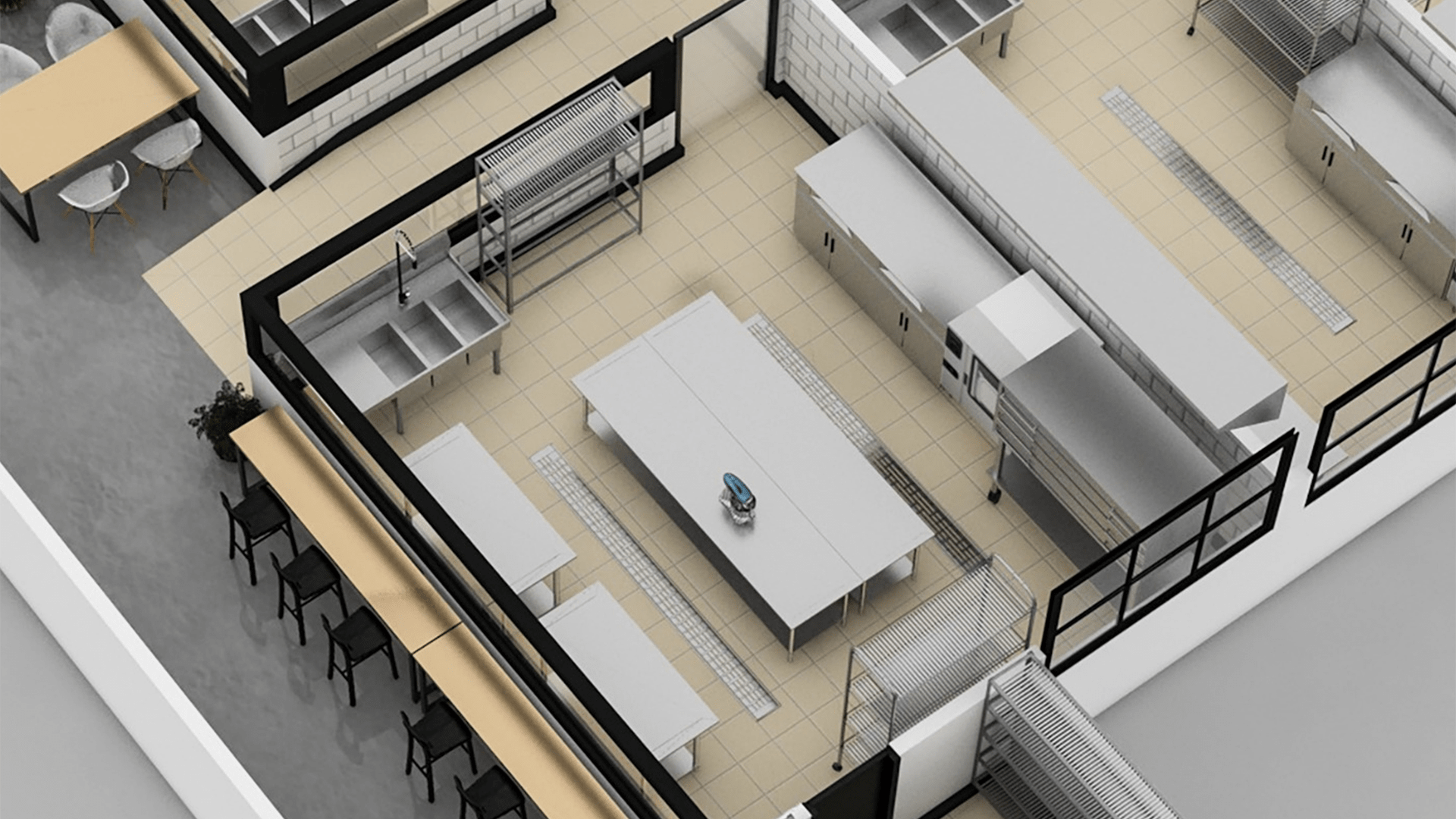 birds eye view of shared kitchen facilities with floor drainage, commercial sinks, storage racks and wall partitions